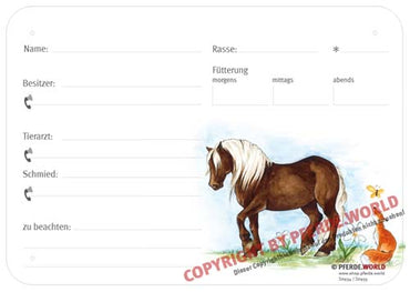 Boxenschild / Stalltafel Schwarzwälder Fuchs 300 x 210 mm ohne Abstammung mit Fütterung, Tierarzt und Schmied