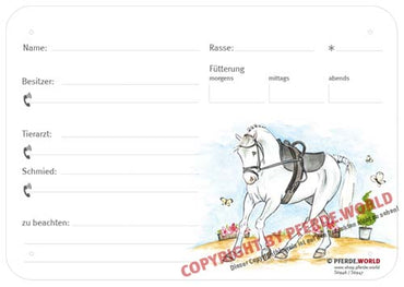 Boxenschild / Stalltafel Voltigierpferd 300 x 210 mm ohne Abstammung mit Fütterung, Tierarzt und Schmied
