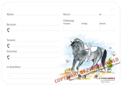 Boxenschild / Stalltafel Voltigierpferd 300 x 210 mm ohne Abstammung mit Fütterung, Tierarzt und Schmied