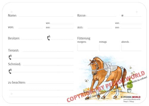 Boxenschild / Stalltafel Voltigierpferd 300 x 210 mm mit Abstammung mit Fütterung, Tierarzt und Schmied