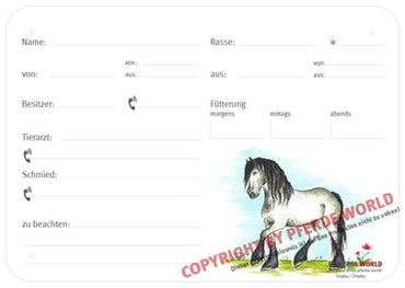 Boxenschild / Stalltafel Appaloosa-Friesen-Mix 300 x 210 mm mit Abstammung mit Fütterung, Tierarzt und Schmied
