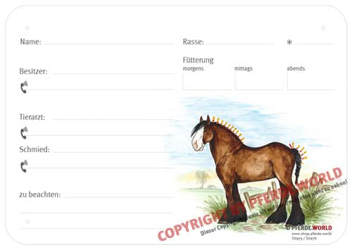 Boxenschild / Stalltafel Shire Horse 300 x 210 mm ohne Abstammung mit Fütterung, Tierarzt und Schmied