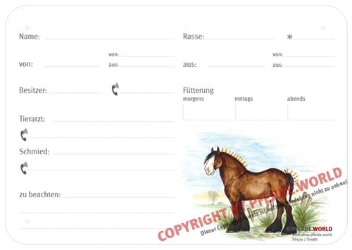 Boxenschild / Stalltafel Shire Horse 300 x 210 mm mit Abstammung mit Fütterung, Tierarzt und Schmied