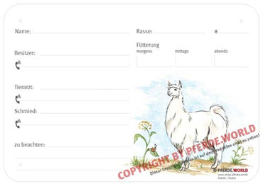 Boxenschild / Stalltafel Lama 300 x 210 mm ohne Abstammung mit Fütterung, Tierarzt und Schmied