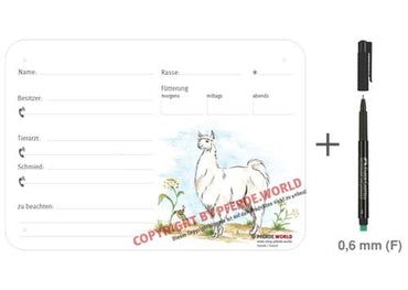 Boxenschild / Stalltafel Lama 300 x 210 mm ohne Abstammung mit Fütterung, Tierarzt und Schmied