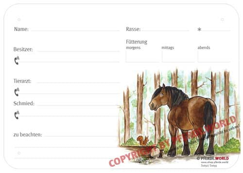 Boxenschild Noriker im Wald 300 x 210 mm ohne Abstammung mit Fütterung, Tierarzt und Schmied