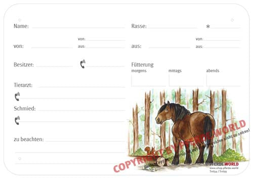 Boxenschild Noriker im Wald 300 x 210 mm mit Abstammung, Fütterung, Tierarzt und Schmied