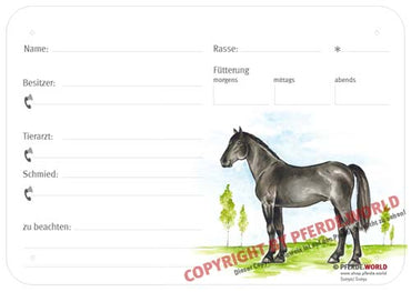 Boxenschild / Stalltafel Schweres Warmblut 300 x 210 mm ohne Abstammung mit Fütterung, Tierarzt und Schmied