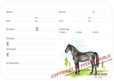 Boxenschild / Stalltafel Schweres Warmblut 300 x 210 mm mit Abstammung mit Fütterung, Tierarzt und Schmied