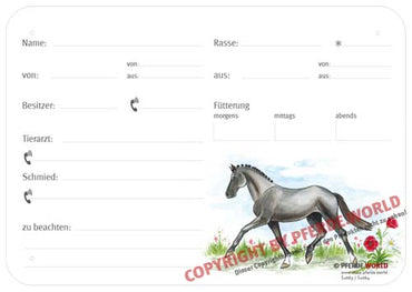 Boxenschild / Stalltafel Trakehner 300 x 210 mm mit Abstammung, Fütterung, Tierarzt und Schmied