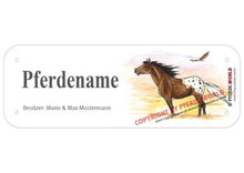 Laden Sie das Bild in den Galerie-Viewer, Boxenschild / Stalltafel Appaloosa mit individuellem Namen 200 x 70 mm