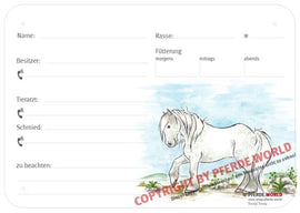 Boxenschild / Stalltafel Fell Pony 300 x 210 mm ohne Abstammung mit Fütterung, Tierarzt und Schmied