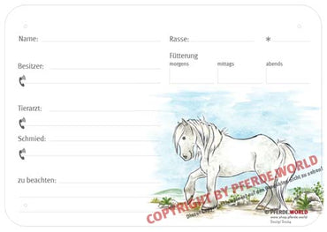 Boxenschild / Stalltafel Fell Pony 300 x 210 mm ohne Abstammung mit Fütterung, Tierarzt und Schmied