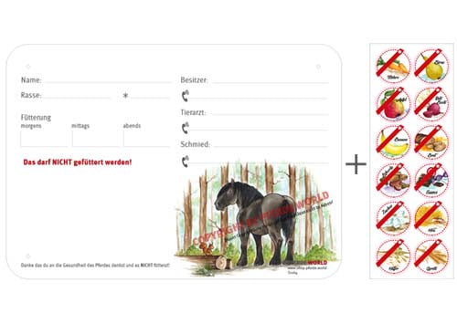 Boxenschild / Stalltafel mit Aufklebern für Fütterungsverbote Noriker Waldmotiv
