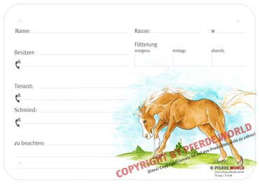 Boxenschild / Stalltafel Quarter Horse  300 x 210 mm ohne Abstammung, mit Fütterung, Tierarzt und Schmied
