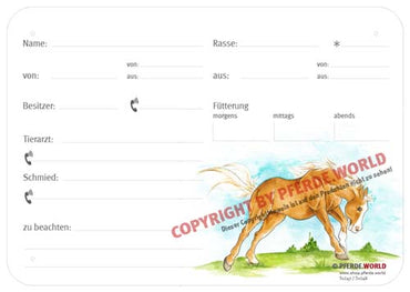 Boxenschild / Stalltafel Quarter Horse 300 x 210 mm mit Abstammung, Fütterung, Tierarzt und Schmied
