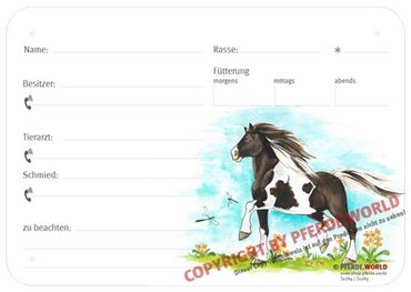 Boxenschild / Stalltafel Barockpinto 300 x 210 mm ohne Abstammung mit Fütterung, Tierarzt und Schmied
