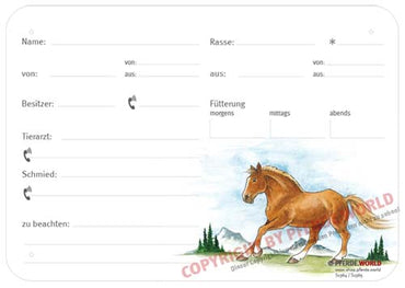 Boxenschild / Stalltafel Freiberger mit Stehmähne 300 x 210 mm mit Abstammung, Fütterung, Tierarzt und Schmied