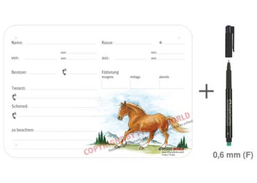Boxenschild / Stalltafel Freiberger mit Stehmähne 300 x 210 mm mit Abstammung, Fütterung, Tierarzt und Schmied
