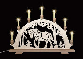 Original erzgebirgischer Schwibbogen / Lichterbogen mit Pferd - Kaltblut beim Holzrücken