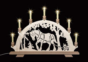 Original erzgebirgischer Schwibbogen / Lichterbogen mit Pferd - Kaltblut beim Holzrücken