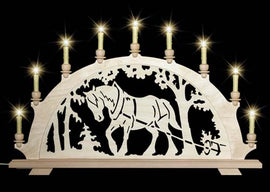 Original erzgebirgischer Schwibbogen / Lichterbogen mit Pferd - Kaltblut beim Holzrücken