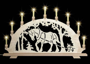 Original erzgebirgischer Schwibbogen / Lichterbogen mit Pferd - Kaltblut beim Holzrücken