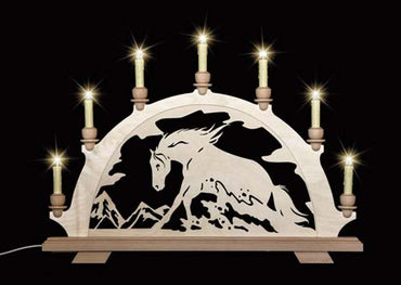 Original erzgebirgischer Schwibbogen / Lichterbogen mit Pferd - Western - Sliding Stopp