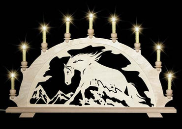 Original erzgebirgischer Schwibbogen / Lichterbogen mit Pferd - Western - Sliding Stopp