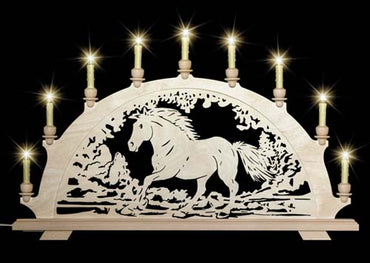 Original erzgebirgischer Schwibbogen / Lichterbogen mit Pferd - Freizeitpferd