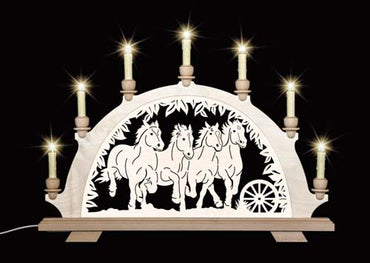 Original erzgebirgischer Schwibbogen / Lichterbogen mit Pferd - Titanen der Rennbahn