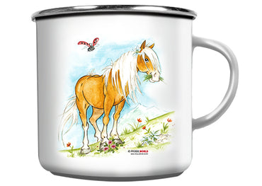 Weiße Emaille-Tasse mit Haflingermotiv auf der Vorderseite und Spruch auf der Rückseite