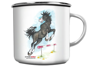Weiße Emaille-Tasse mit Springpferd auf der Vorderseite und Spruch auf der Rückseite