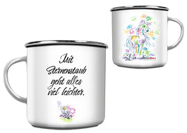 Weiße Emaille-Tasse mit magischem Einhorn auf der Vorderseite und Spruch auf der Rückseite