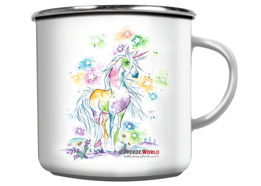 Weiße Emaille-Tasse mit magischem Einhorn auf der Vorderseite und Spruch auf der Rückseite