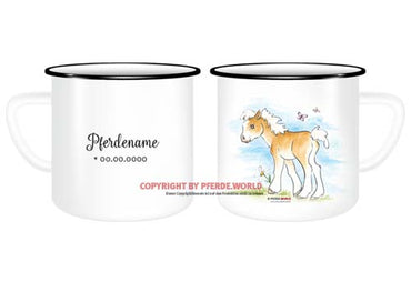 Emaille-Tasse mit Haflinger Fohlen, Name und Geburtsdatum