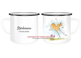 Emaille-Tasse mit hüpfendem Haflinger Fohlen, Name und Geburtsdatum
