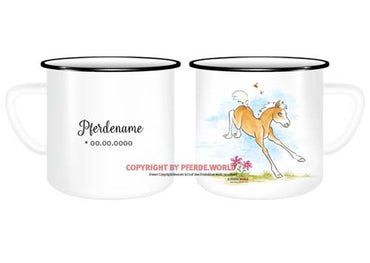 Emaille-Tasse mit hüpfendem Haflinger Fohlen, Name und Geburtsdatum
