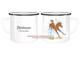 Emaille-Tasse mit hüpfendem Fohlen, Name und Geburtsdatum