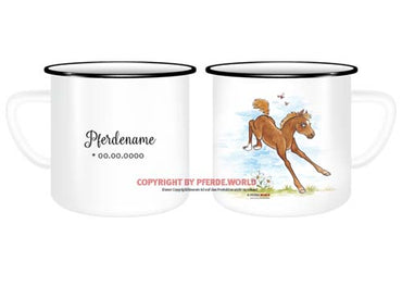 Emaille-Tasse mit hüpfendem Fohlen, Name und Geburtsdatum