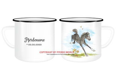 Emaille-Tasse mit hüpfendem Fohlen, Name und Geburtsdatum