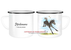 Emaille-Tasse mit hüpfendem Fohlen, Name und Geburtsdatum - Springpferd
