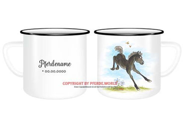 Emaille-Tasse mit hüpfendem Fohlen, Name und Geburtsdatum - Springpferd