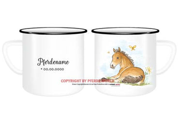 Emaille-Tasse mit hüpfendem Fohlen, Name und Geburtsdatum - Kaltblut